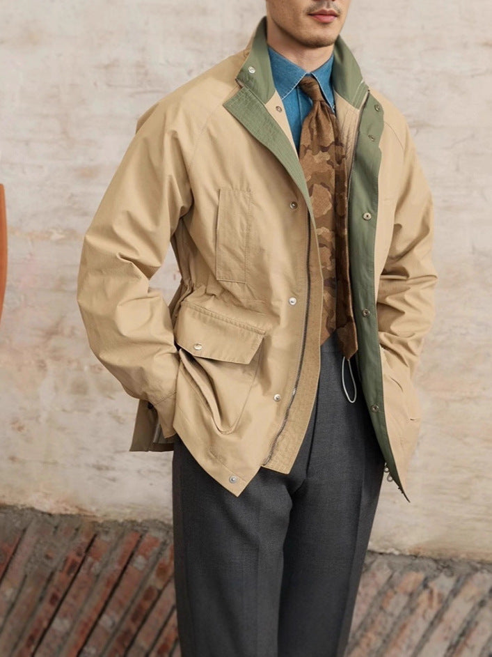 Men’s Retro Windbreaker – Contrast Color Stand Collar Hunting Jacket for Autumn & Winter