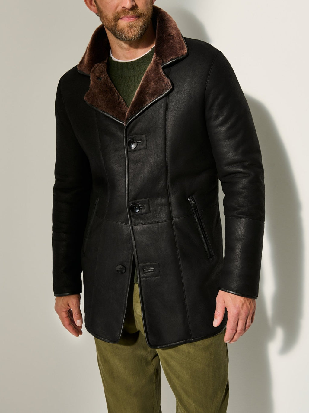 Men’s Lapel Mid-Length Leather Horn Button Coat