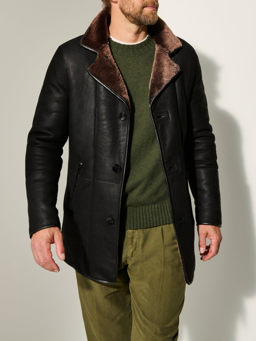 Men’s Lapel Mid-Length Leather Horn Button Coat