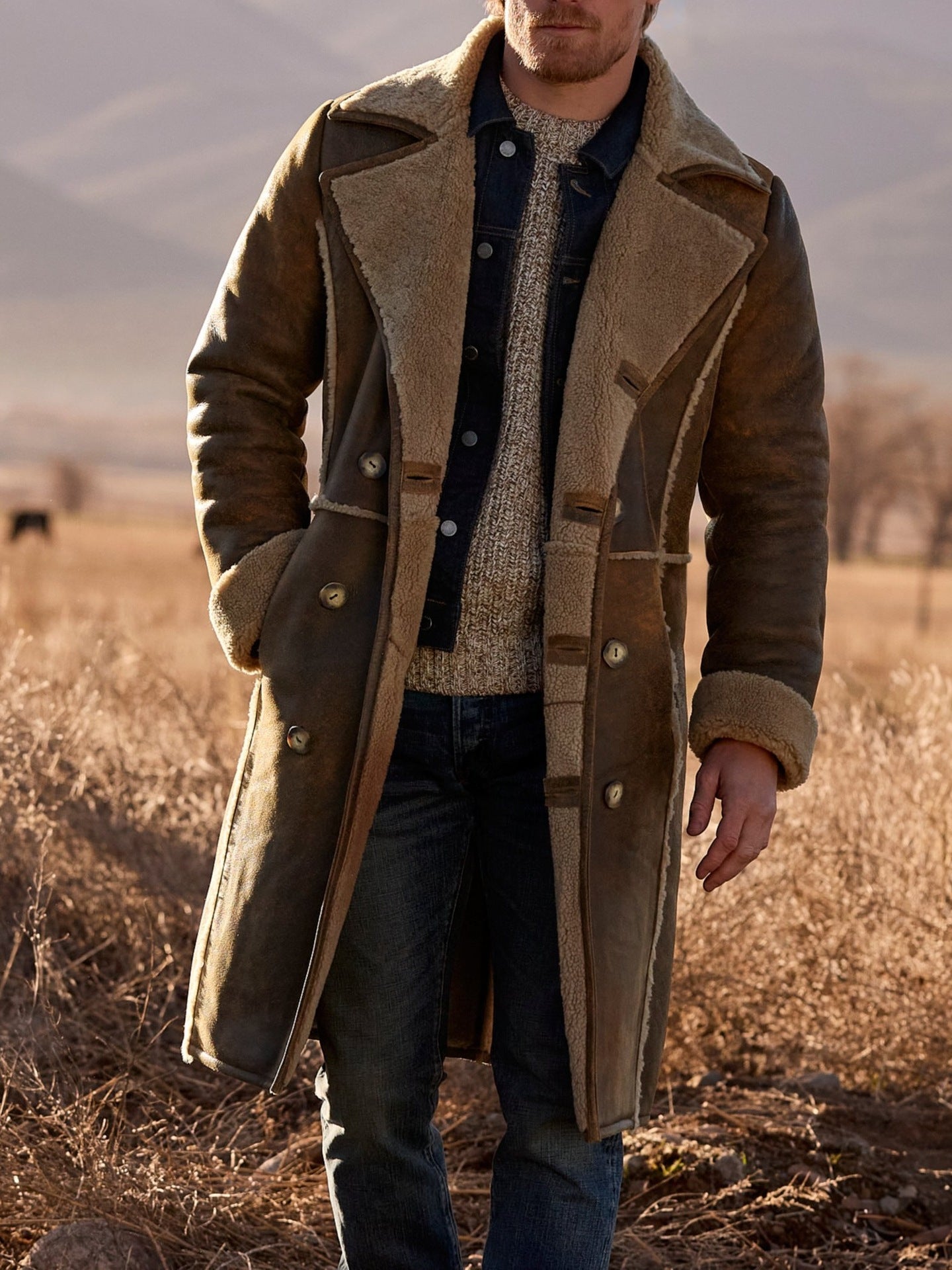 Men’s Double-Breasted Lapel Mid-Length Fur Coat