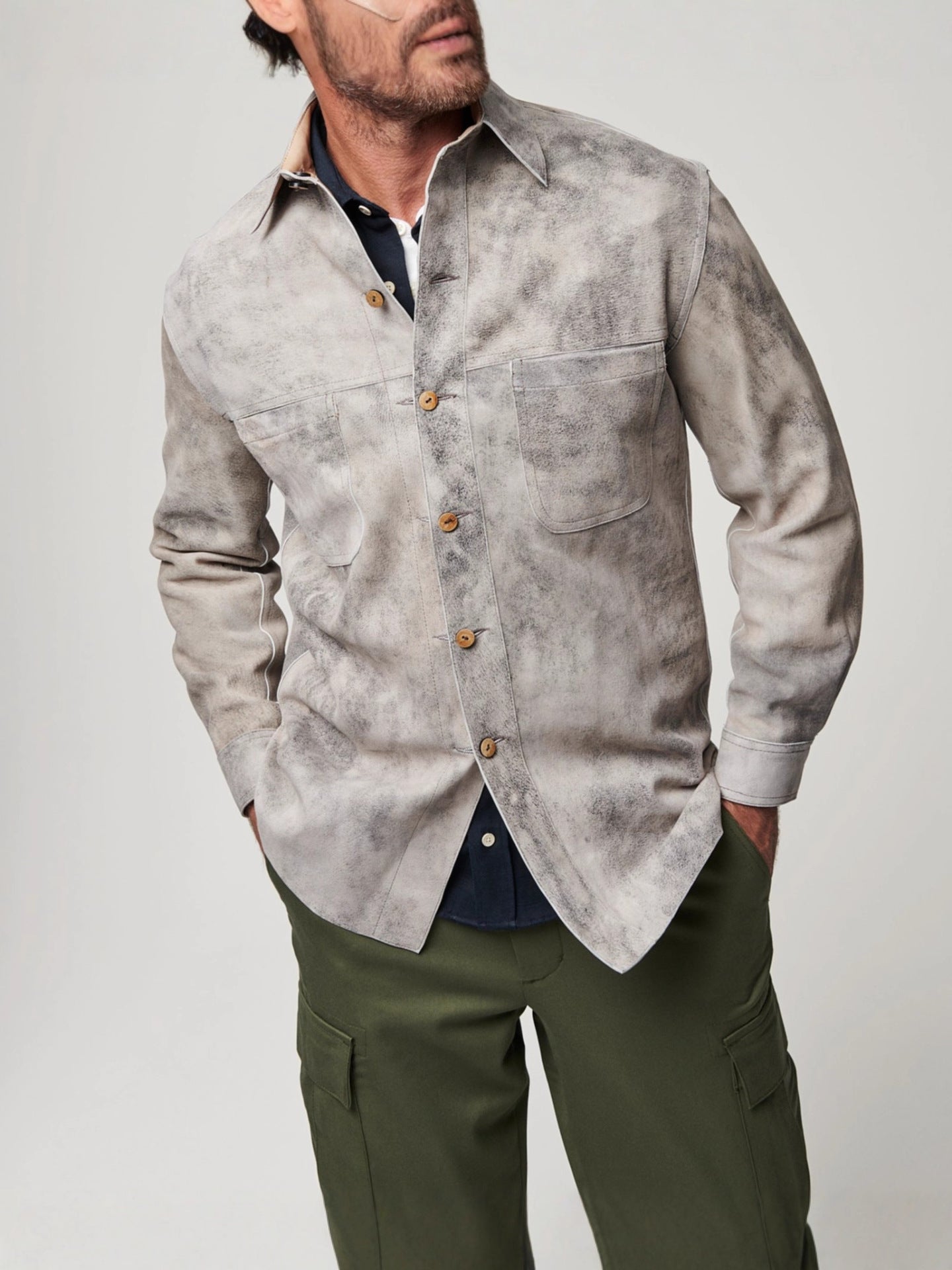 Men’s Double-Sided PU Leather Suede Lapel Shirt Jacket