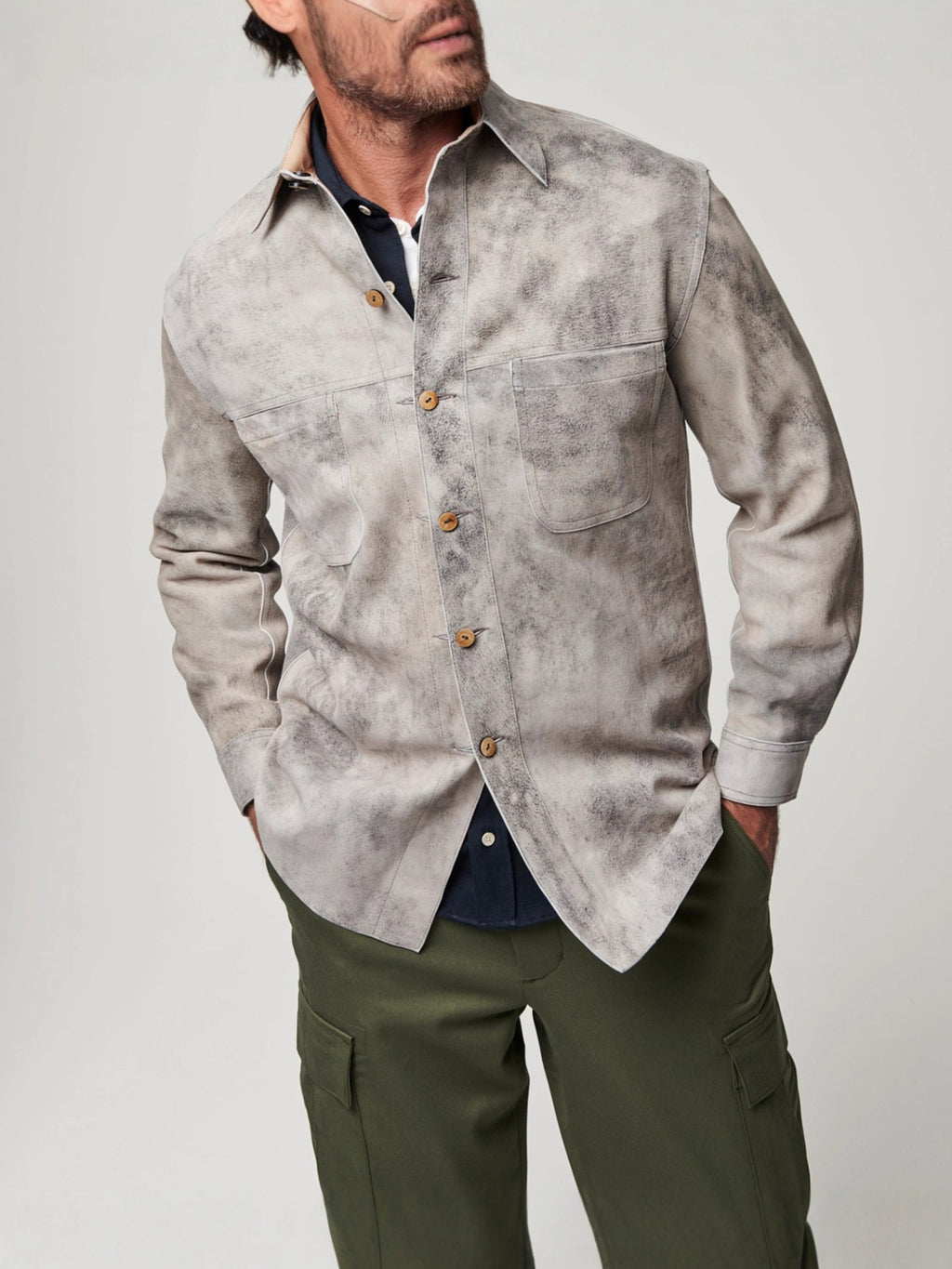 Men’s Double-Sided PU Leather Suede Lapel Shirt Jacket