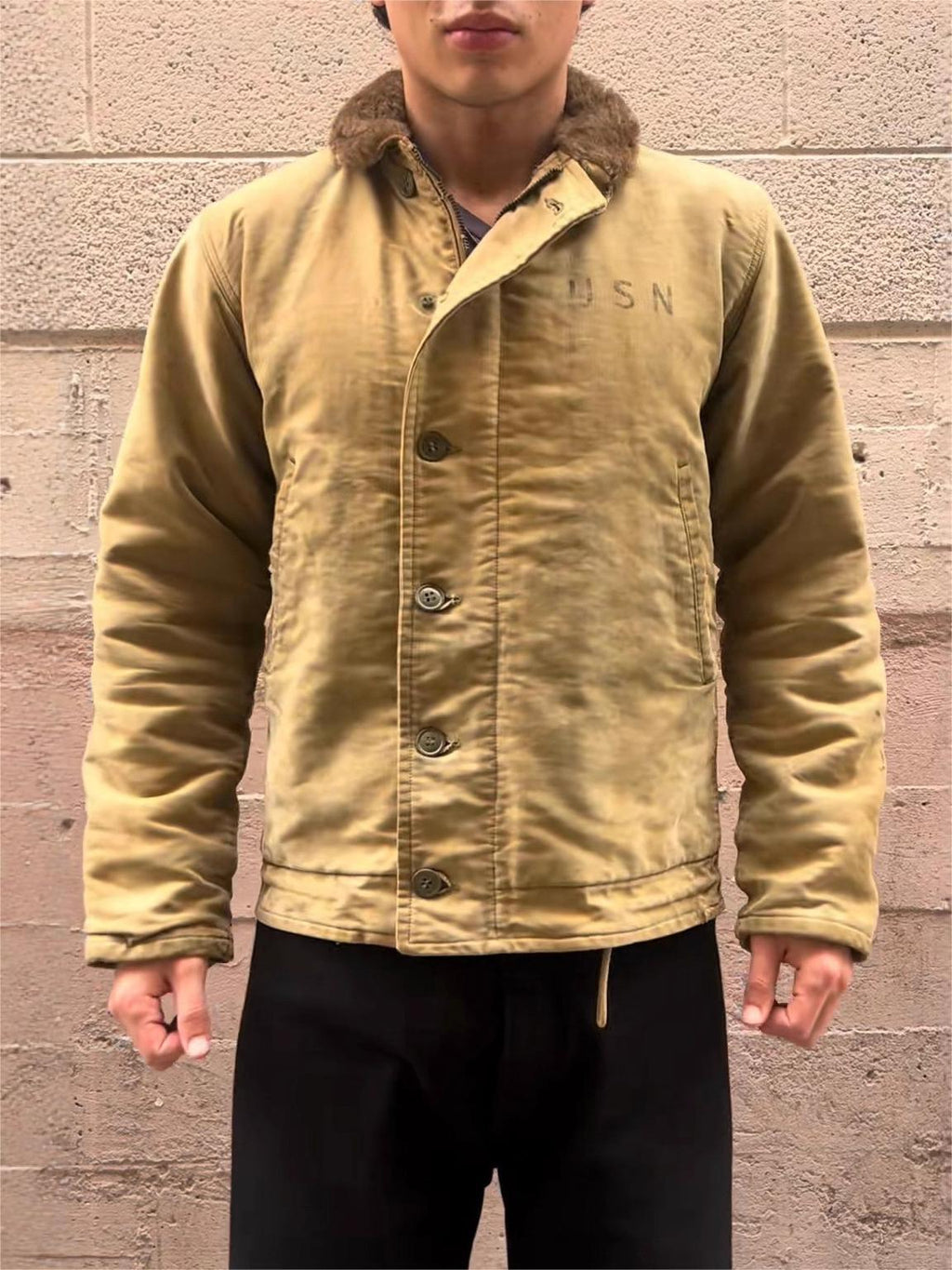Men’s Thick Lambskin Cotton-Padded Retro Navy Deck Jacket