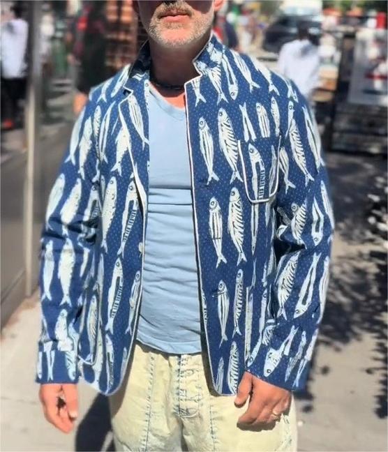 Men’s Fish Print Stand Collar Button Jacket