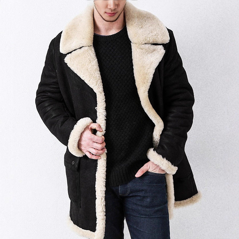 Men's Thickened Fur Lined Imitation Leather Long Coat