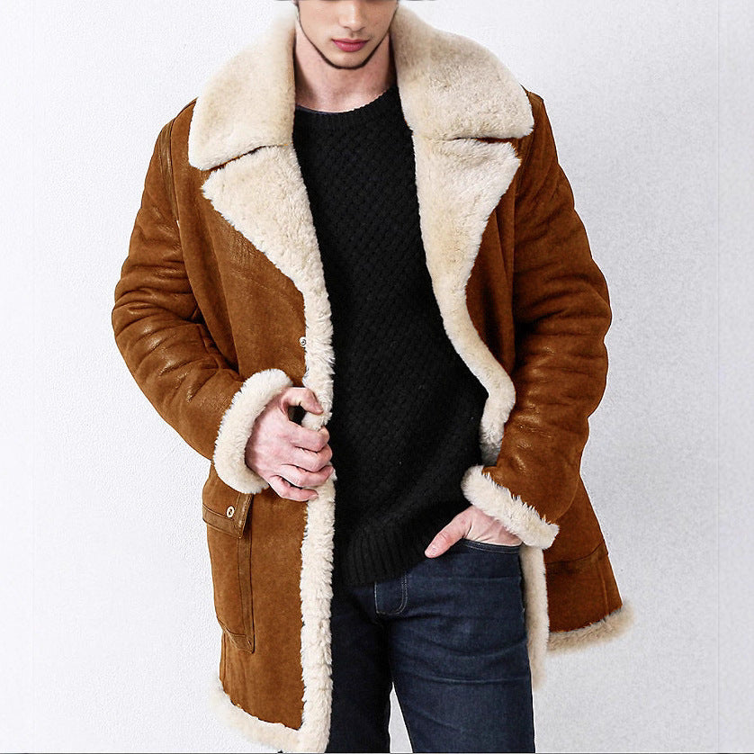 Men's Thickened Fur Lined Imitation Leather Long Coat