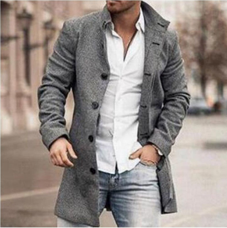 Men's Woolen Stand Collar Mid-Length Pocket Coat