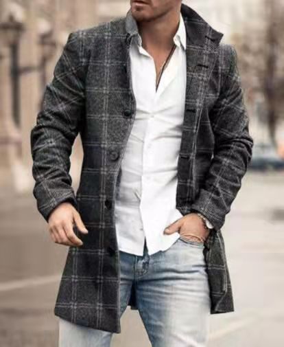 Men's Woolen Stand Collar Mid-Length Pocket Coat