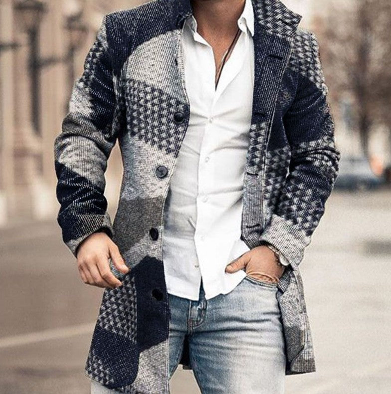 Men's Woolen Stand Collar Mid-Length Pocket Coat