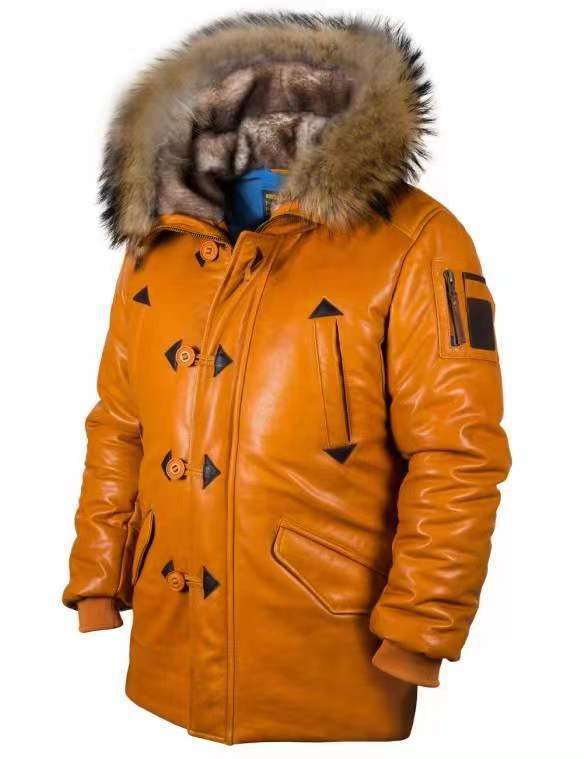 Yellow Hooded Casual Leather Jacket with Zipper and Side Pockets
