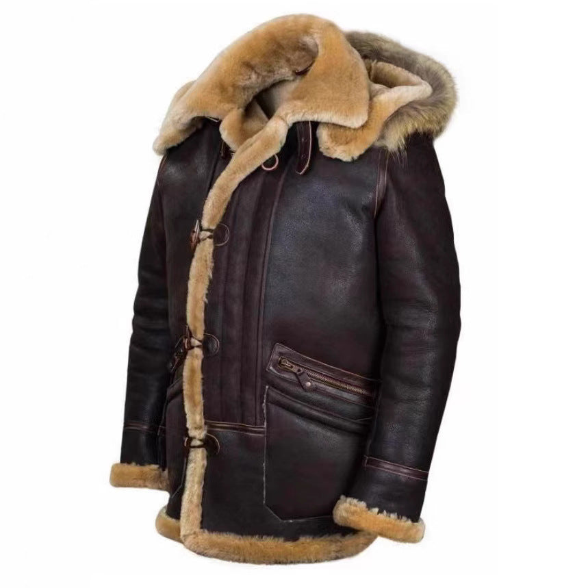 Men’s Thickened Hooded Fur Zipper Coat