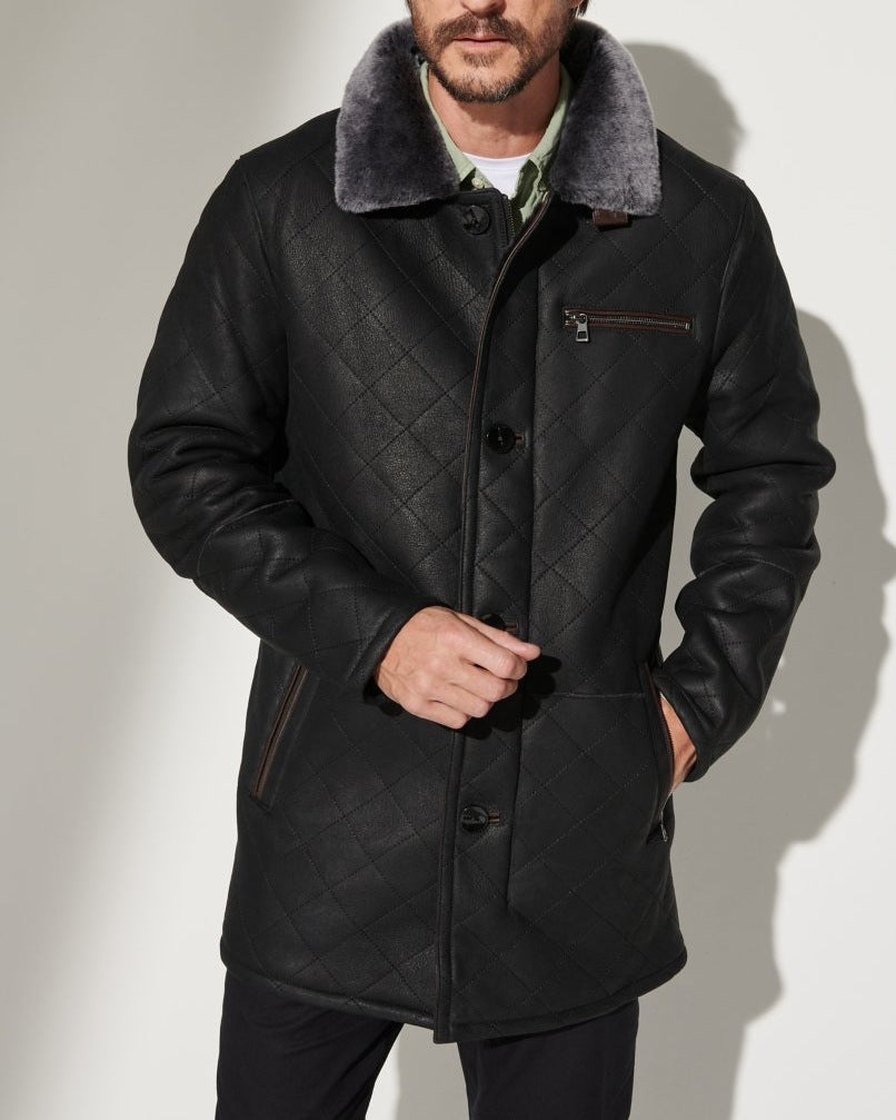 Men’s Quilted Leather Long Fur Button Coat
