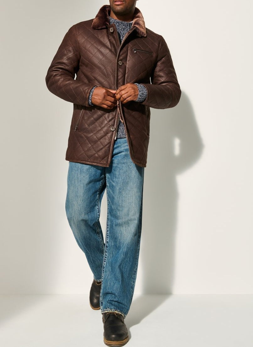 Men’s Quilted Leather Long Fur Button Coat
