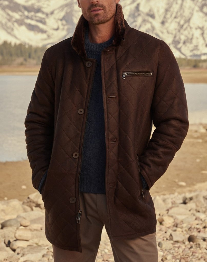 Men’s Quilted Leather Long Fur Button Coat