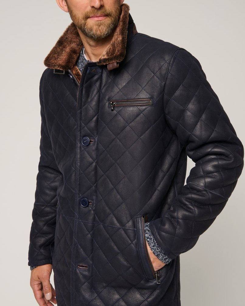 Men’s Quilted Leather Long Fur Button Coat