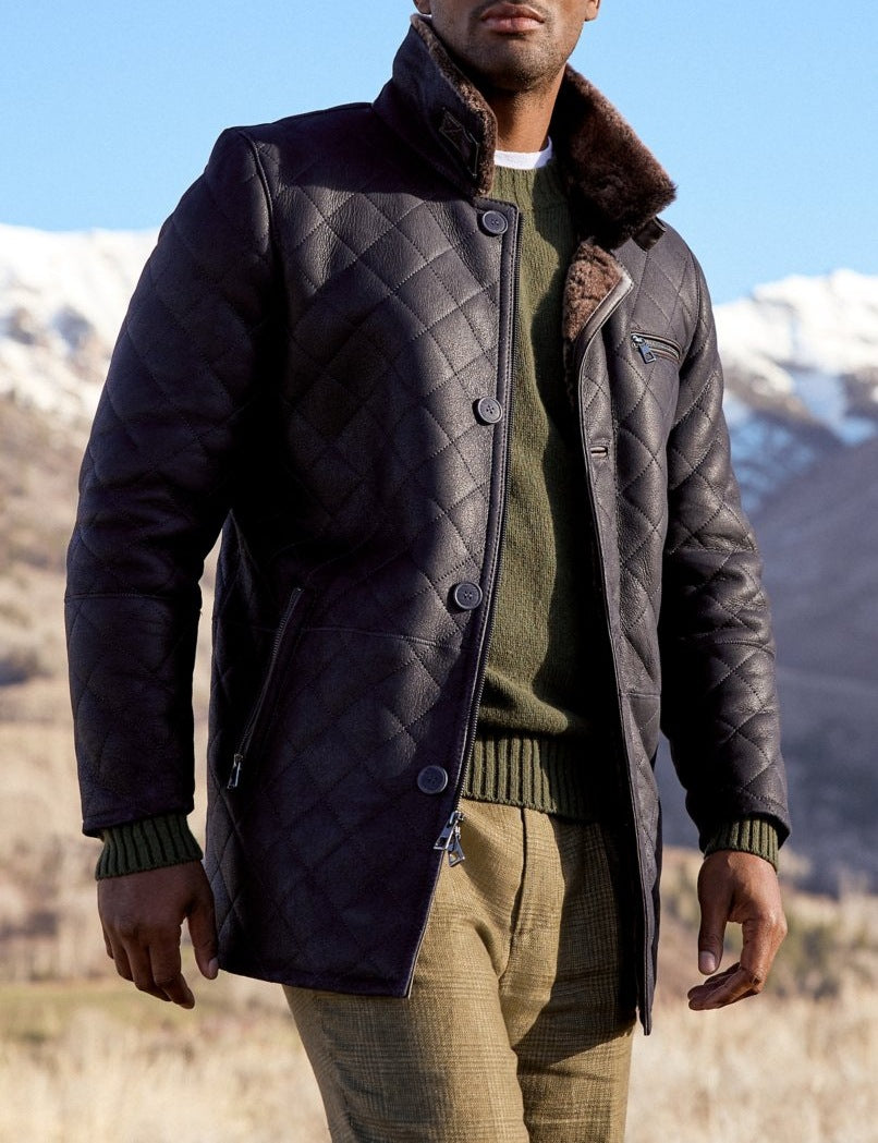 Men’s Quilted Leather Long Fur Button Coat