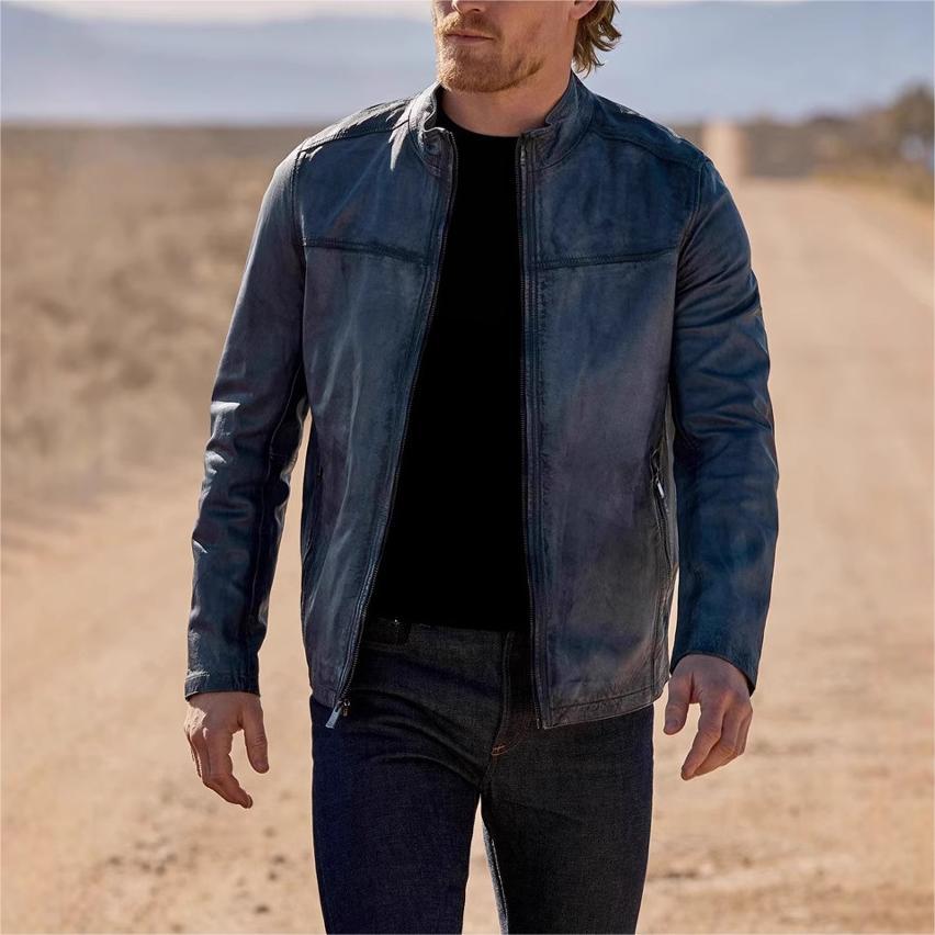 Men’s Stand-Up Collar Motorcycle Leather Jacket