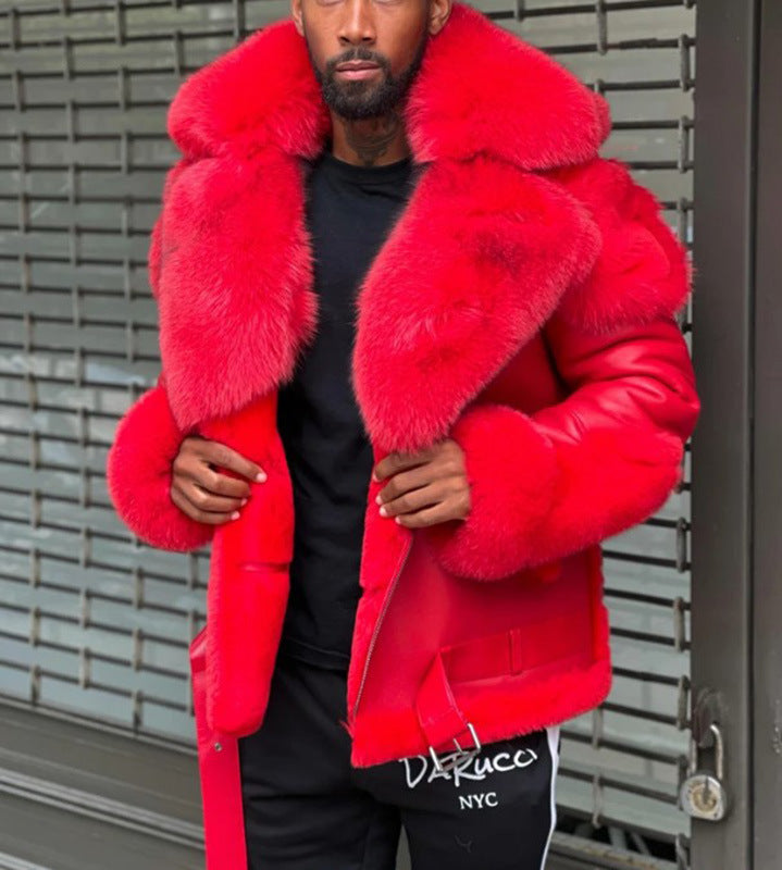 Men’s Fur Collar Belted Leather Jacket