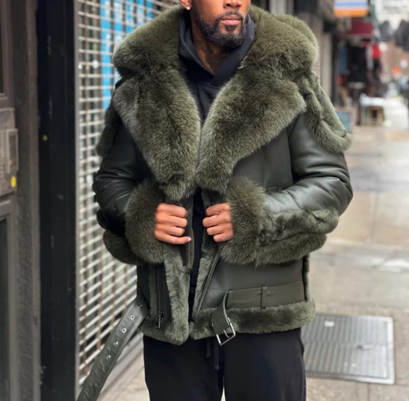 Men’s Fur Collar Belted Leather Jacket