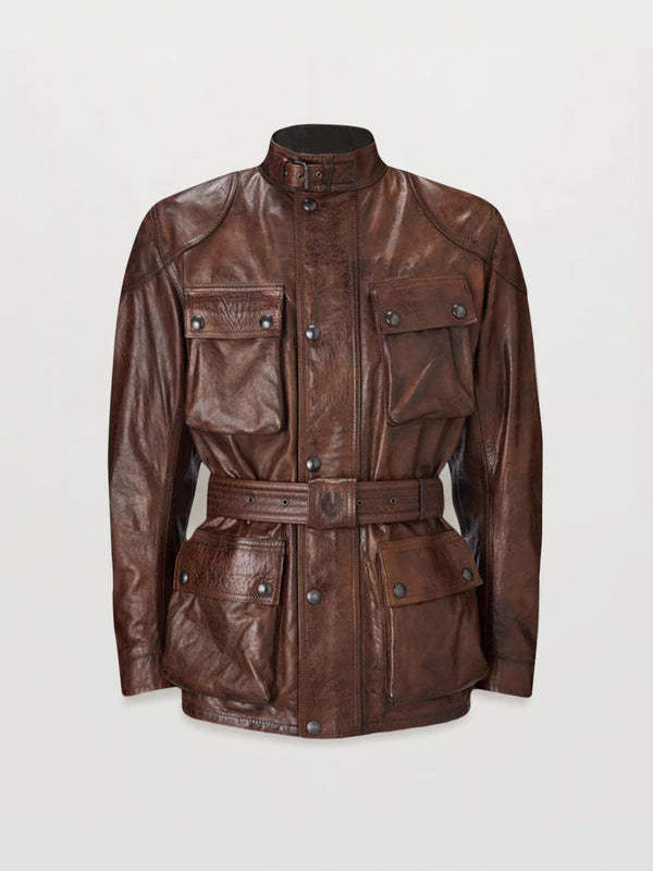 Men’s Mid-Length Distressed PU Leather Jacket