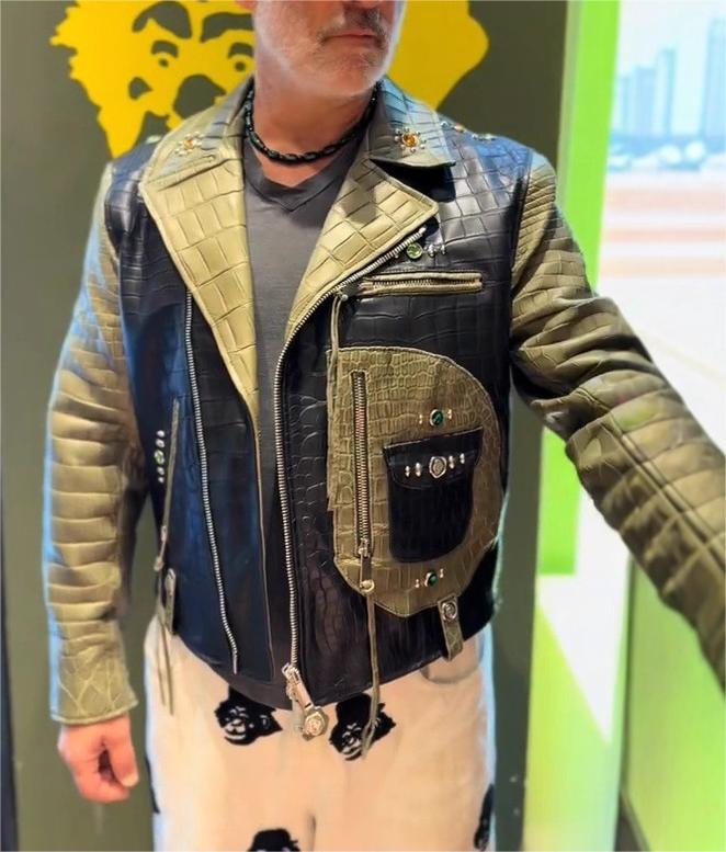 Men’s Crocodile Pattern Lapel Motorcycle Leather Jacket