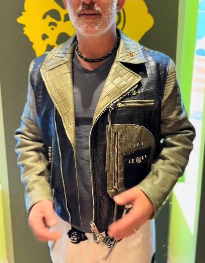 Men’s Crocodile Pattern Lapel Motorcycle Leather Jacket
