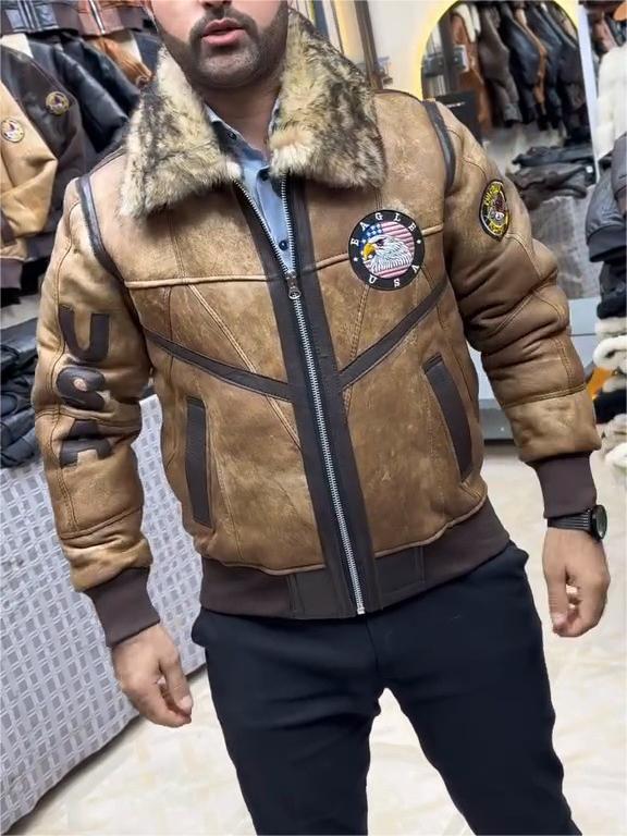 Men’s Large Fur Collar Contrast Leather Fur Jacket