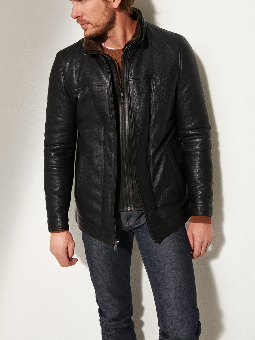 Men’s Double Collar Fur-Lined Leather Jacket