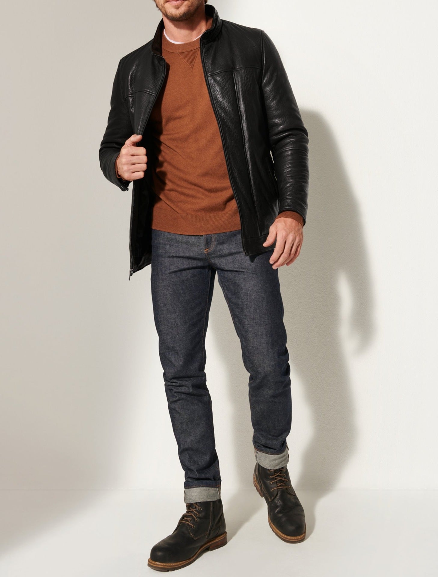 Men’s Double Collar Fur-Lined Leather Jacket