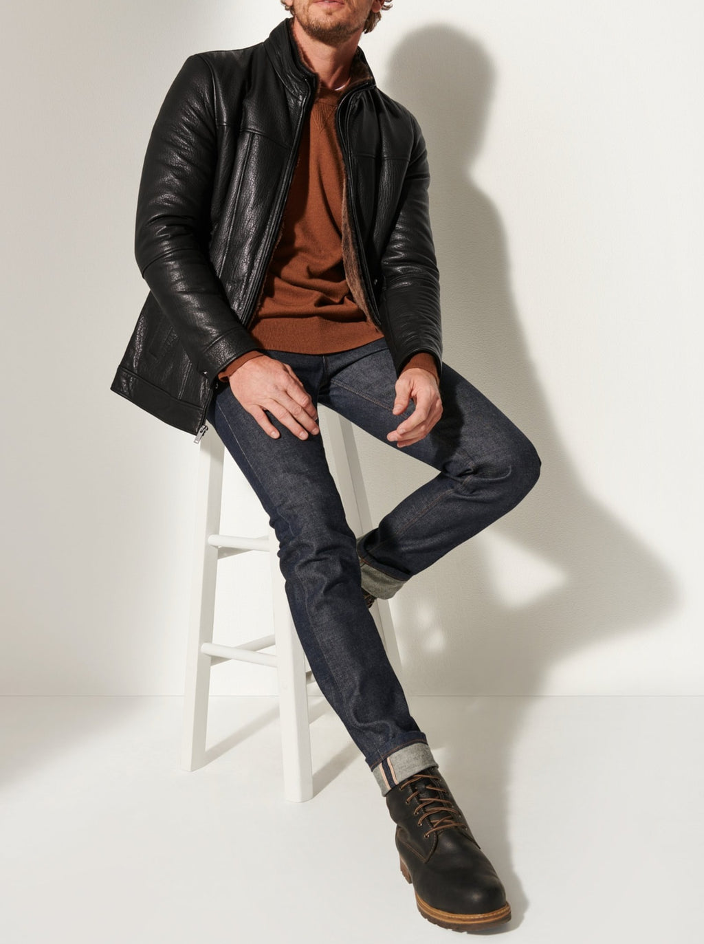Men’s Double Collar Fur-Lined Leather Jacket