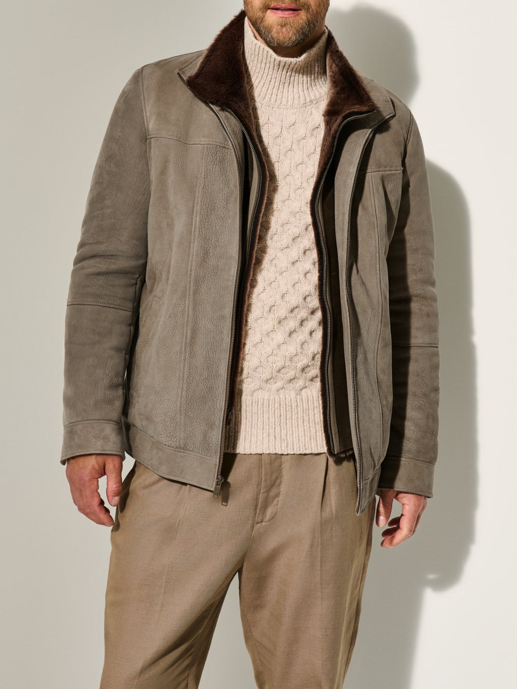 Men’s Double Collar Fur-Lined Matte Leather Coat