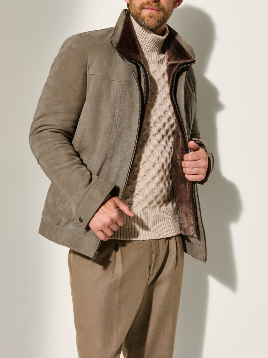 Men’s Double Collar Fur-Lined Matte Leather Coat