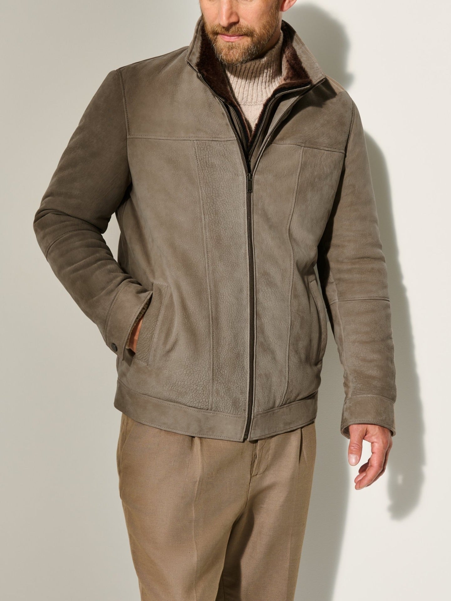 Men’s Double Collar Fur-Lined Matte Leather Coat