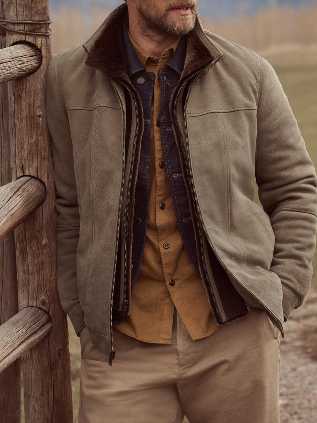 Men’s Double Collar Fur-Lined Matte Leather Coat