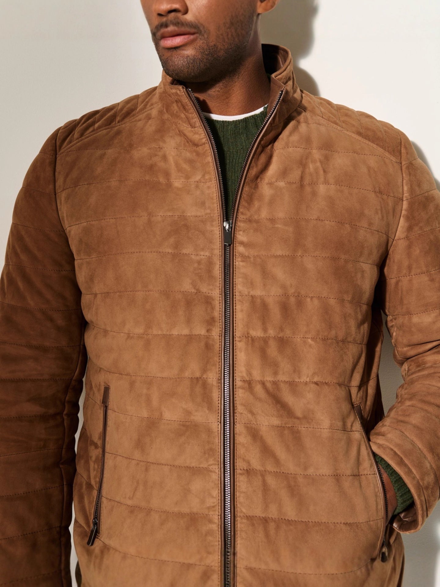 Men’s Solid Color Stripe Zipper Leather Jacket