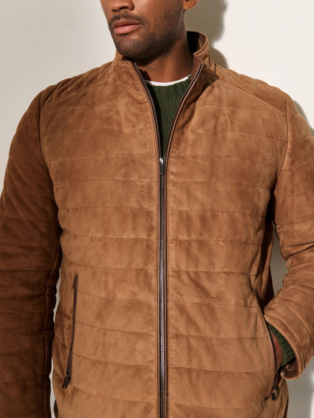 Men’s Solid Color Stripe Zipper Leather Jacket
