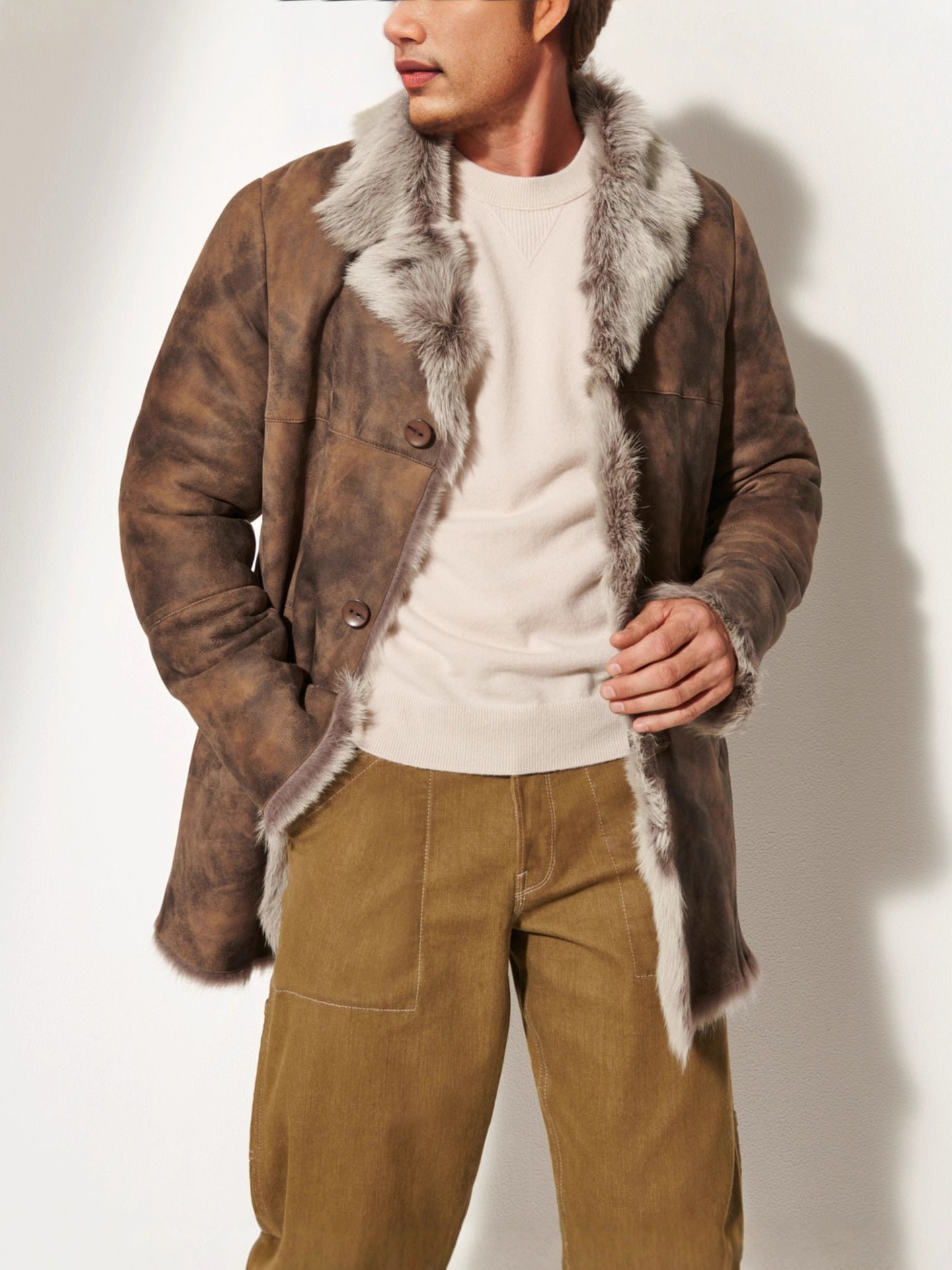 Men’s Two-Tone Fur and Leather Lapel Coat