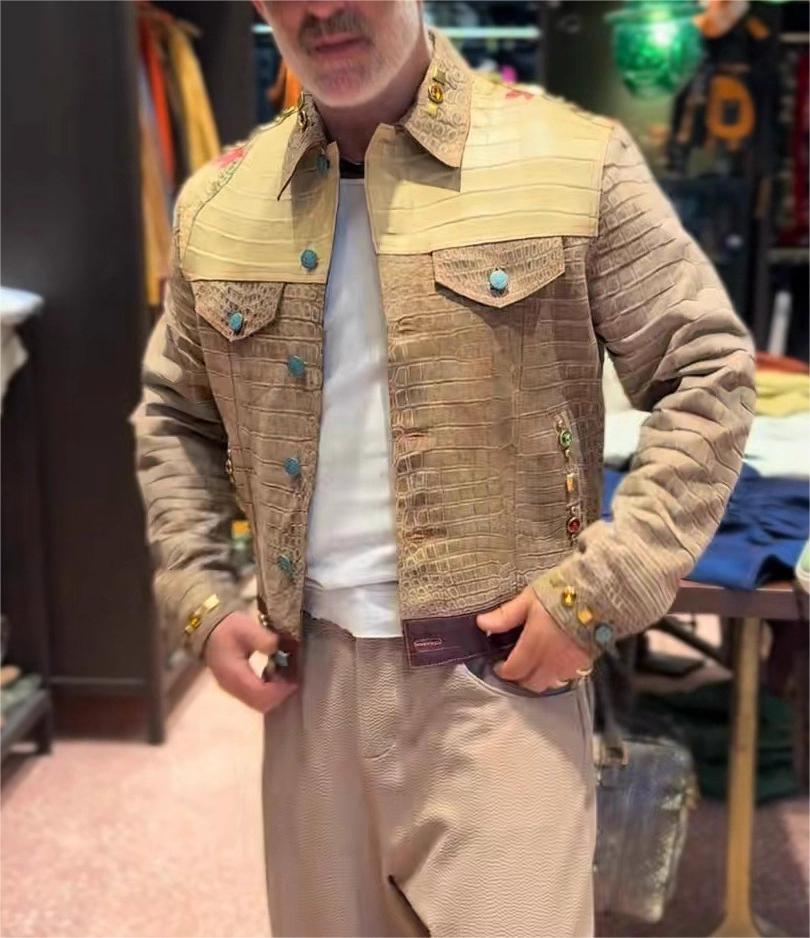 Men’s Contrast Crocodile Leather Lapel Coat