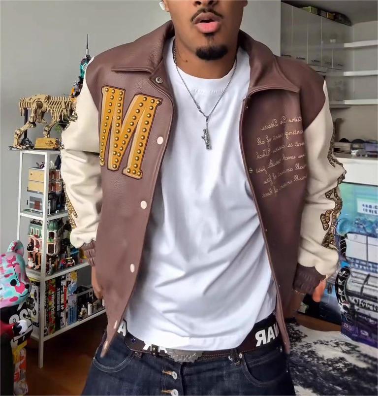 Men’s PU Leather Orange Lapel Baseball Jacket