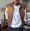 Men’s PU Leather Orange Lapel Baseball Jacket