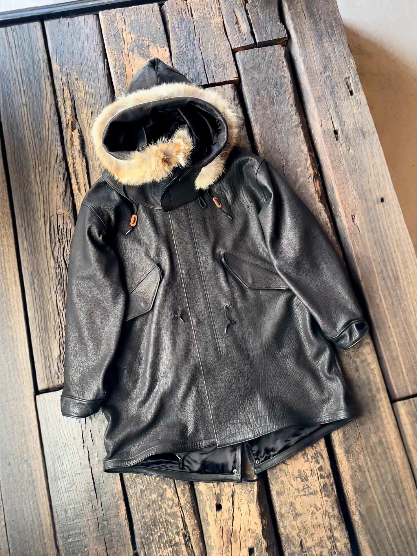 Men’s Hooded PU Leather Fur Collar Jacket