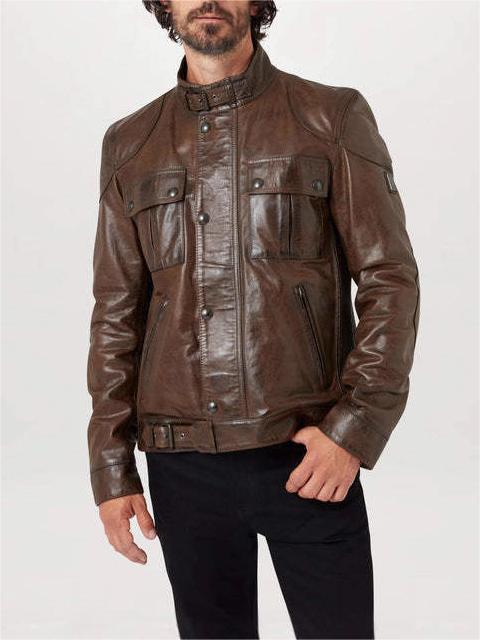 Men’s Stand Collar Leather Zipper Buckle Jacket