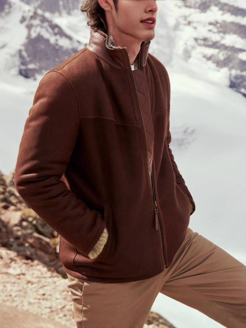 Cross-border men's imitation sheepskin stand collar leather jacket