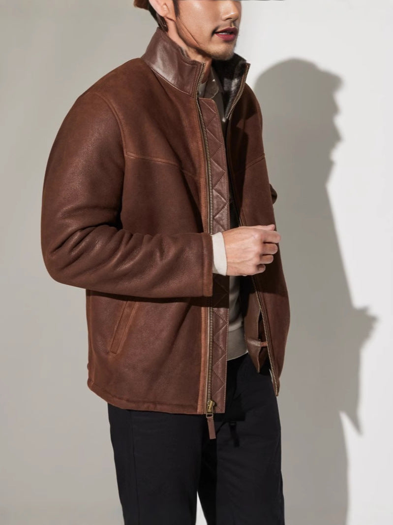 Cross-border men's imitation sheepskin stand collar leather jacket