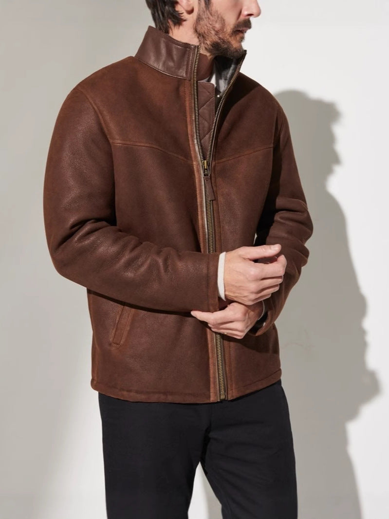 Cross-border men's imitation sheepskin stand collar leather jacket