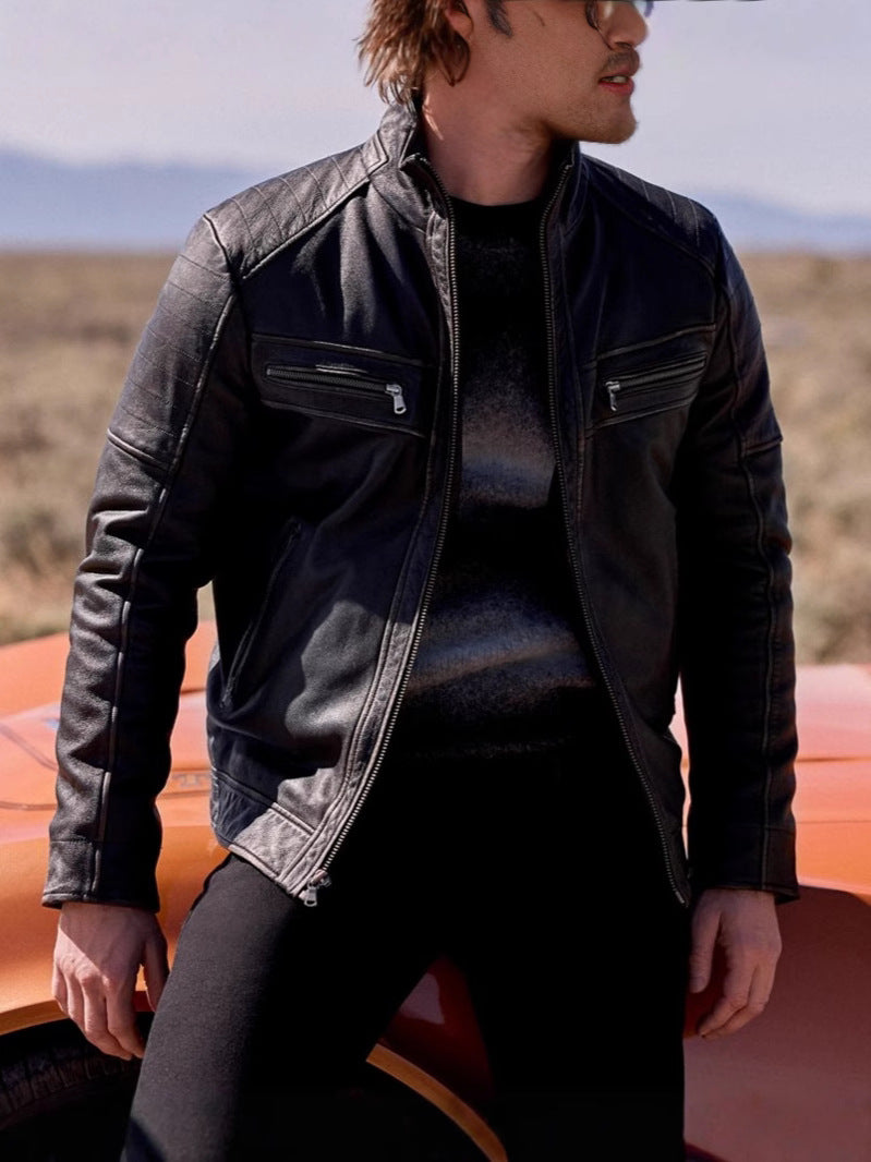 Cross-border men's stand collar zipper leather motorcycle jacket