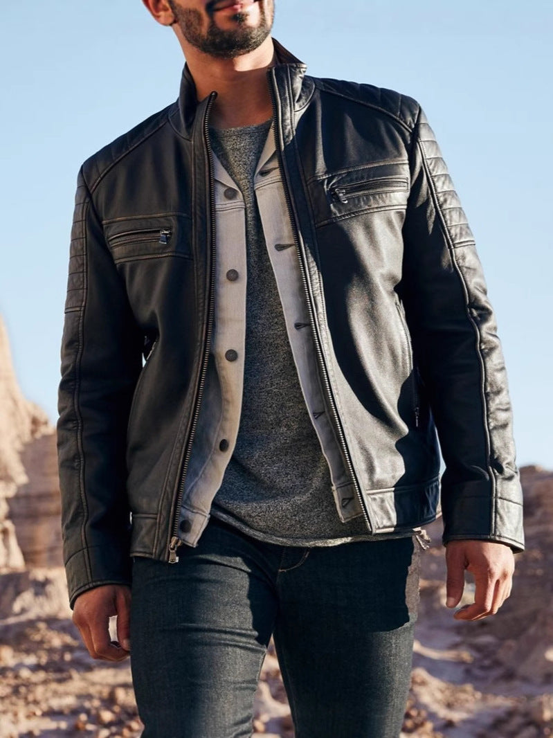 Cross-border men's stand collar zipper leather motorcycle jacket