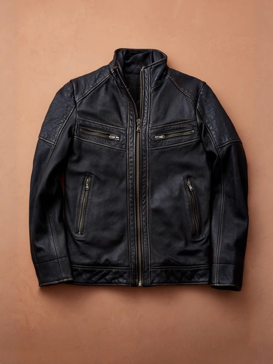 Cross-border men's stand collar zipper leather motorcycle jacket