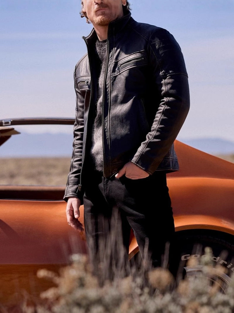 Cross-border men's stand collar zipper leather motorcycle jacket