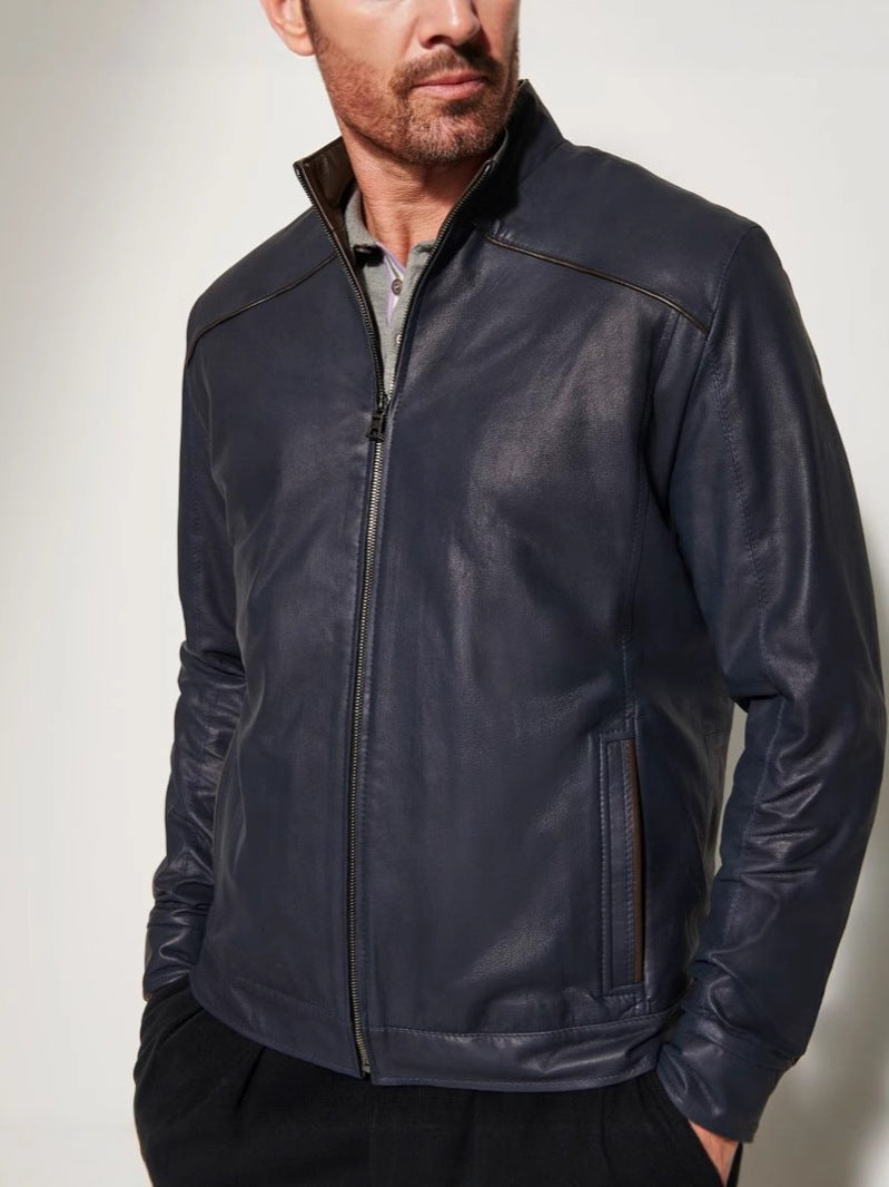Cross-border men's contrast color lightweight leather jacket